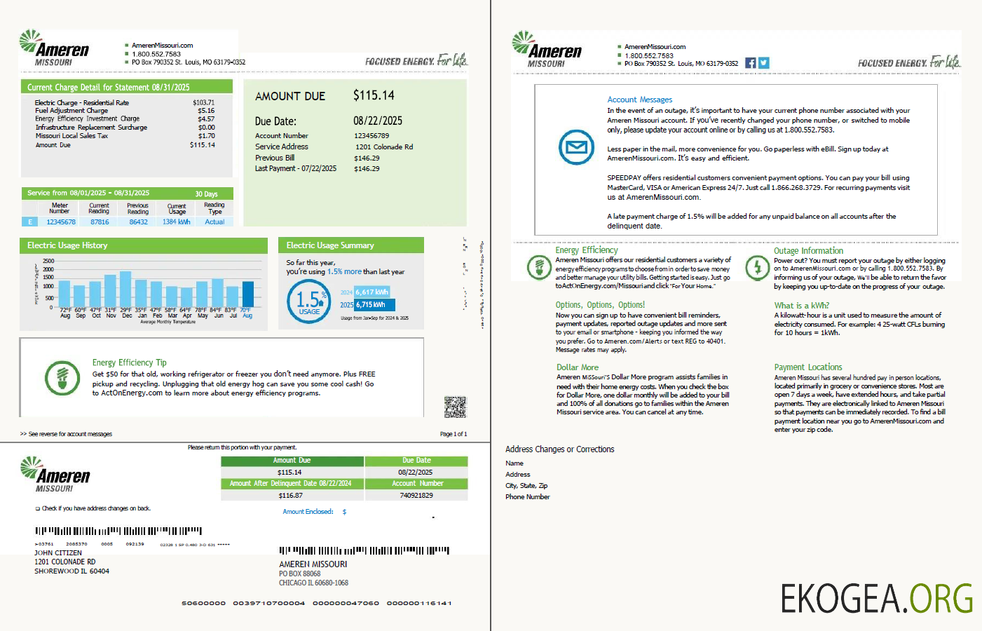 USA Ameren Missouri utility bill template in Word and PDF formats, 2 pages